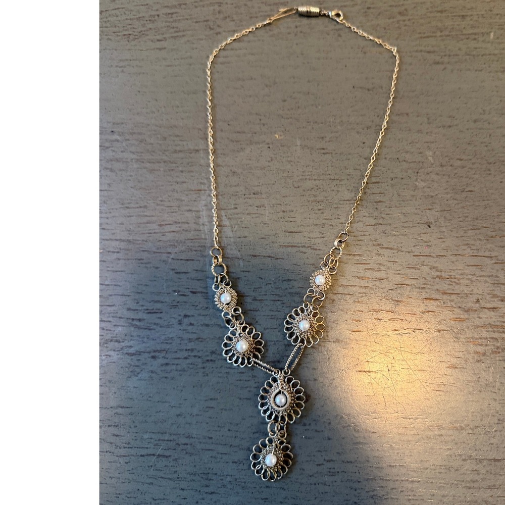 Vintage Silver Tone Filigree Faux Pearl Floral Y-Necklace Drop Bridal Jewelry